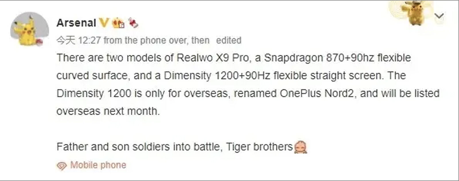 Fuga del Arsenal Weibo Realme X9 Pro OnePlus Nord 2