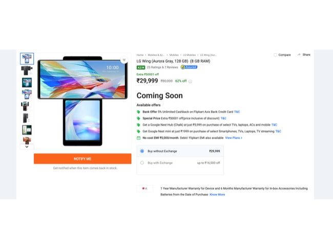 LG Wing con descuento de Rs 29,999 en Flipkart