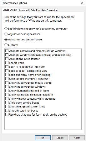 Windows 10 performance options