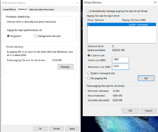 Windows 10 virtual memory settings