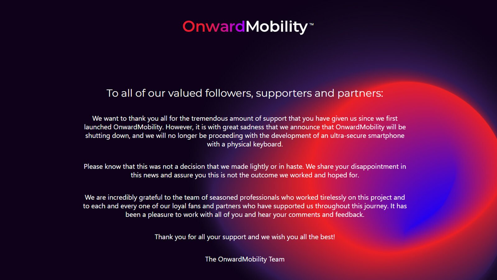 Mensaje de despedida de OnwardMobility