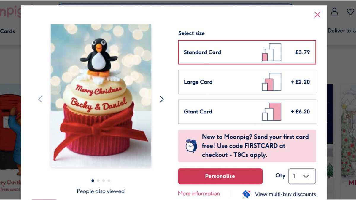 Captura de pantalla que muestra las opciones de la tarjeta en Moonpig