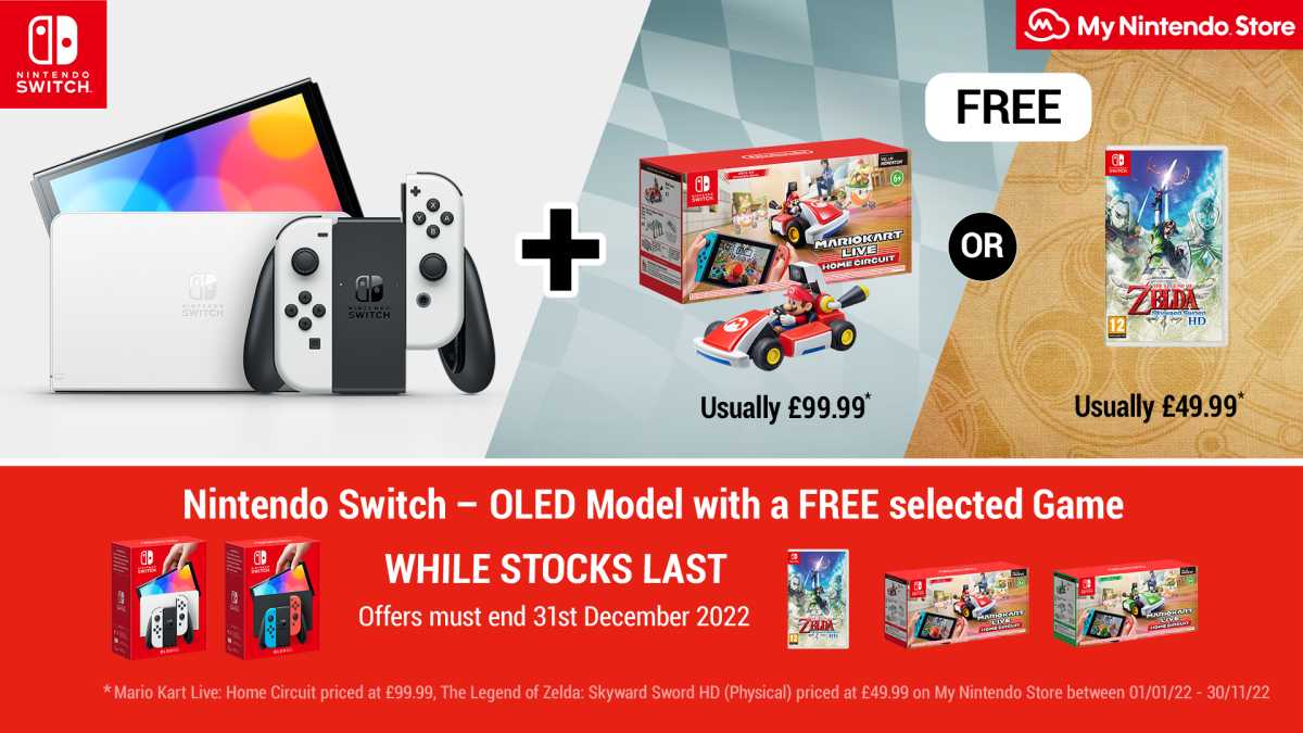 Póster con 'Nintendo Switch - Modelo OLED con un juego seleccionado GRATIS', con imágenes de Mario Kart y The Legend of Zelda