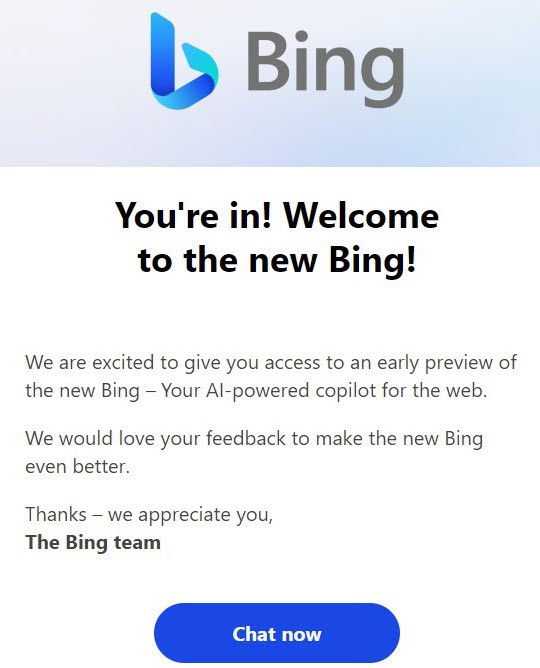 Correo electrónico de invitación de Bing Chat