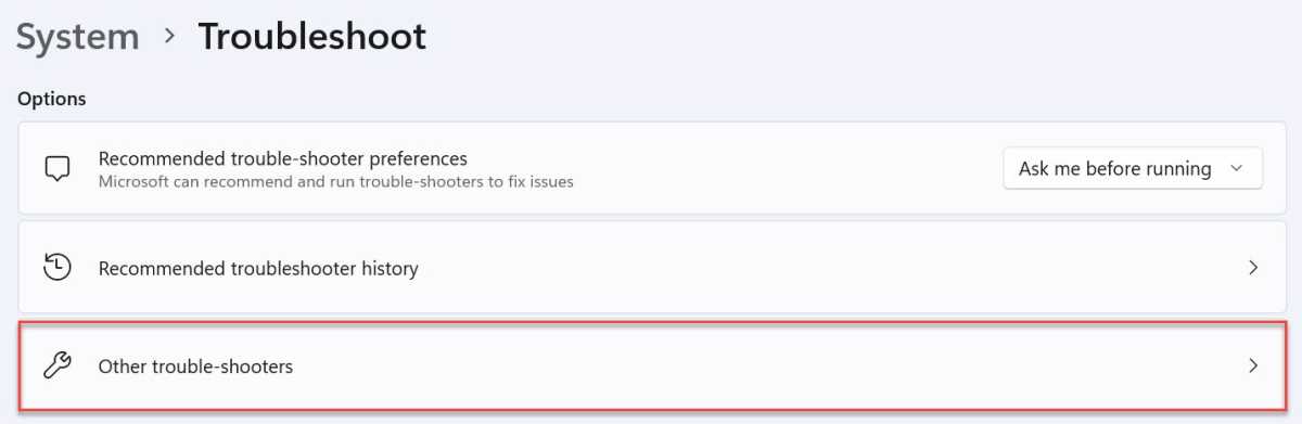 Configuración de otros solucionadores de problemas de Windows 11 resaltada