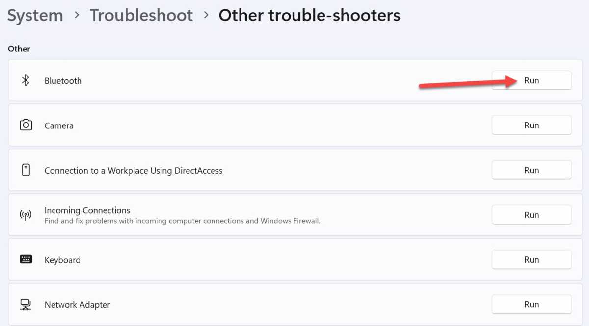 Solucionador de problemas de Bluetooth de Windows 11 con Ejecutar resaltado