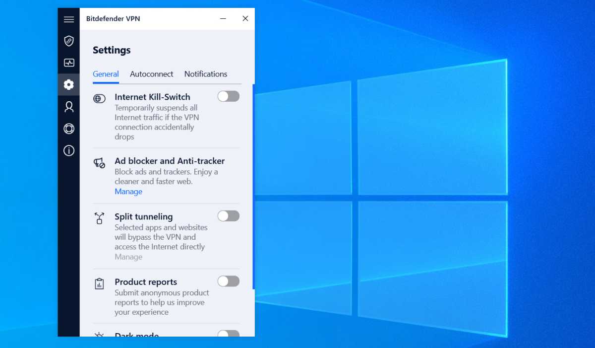 Bitdefender Premium VPN - Configuración general de Windows