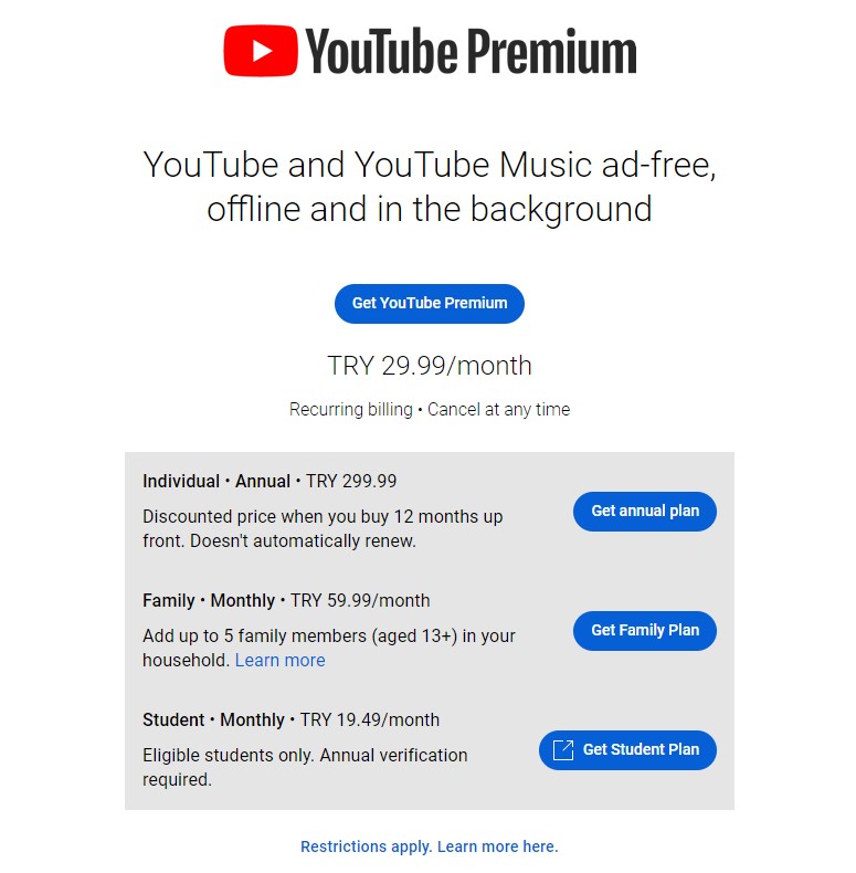 Página de registro de YouTube Premium