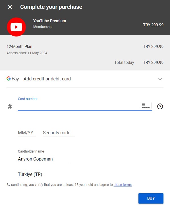 Página de registro de YouTube Premium