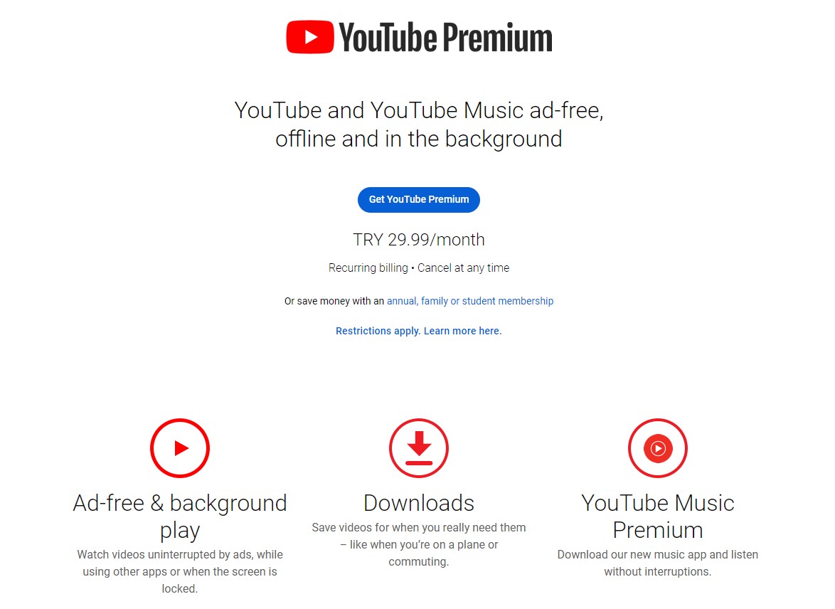 Página de registro de YouTube Premium