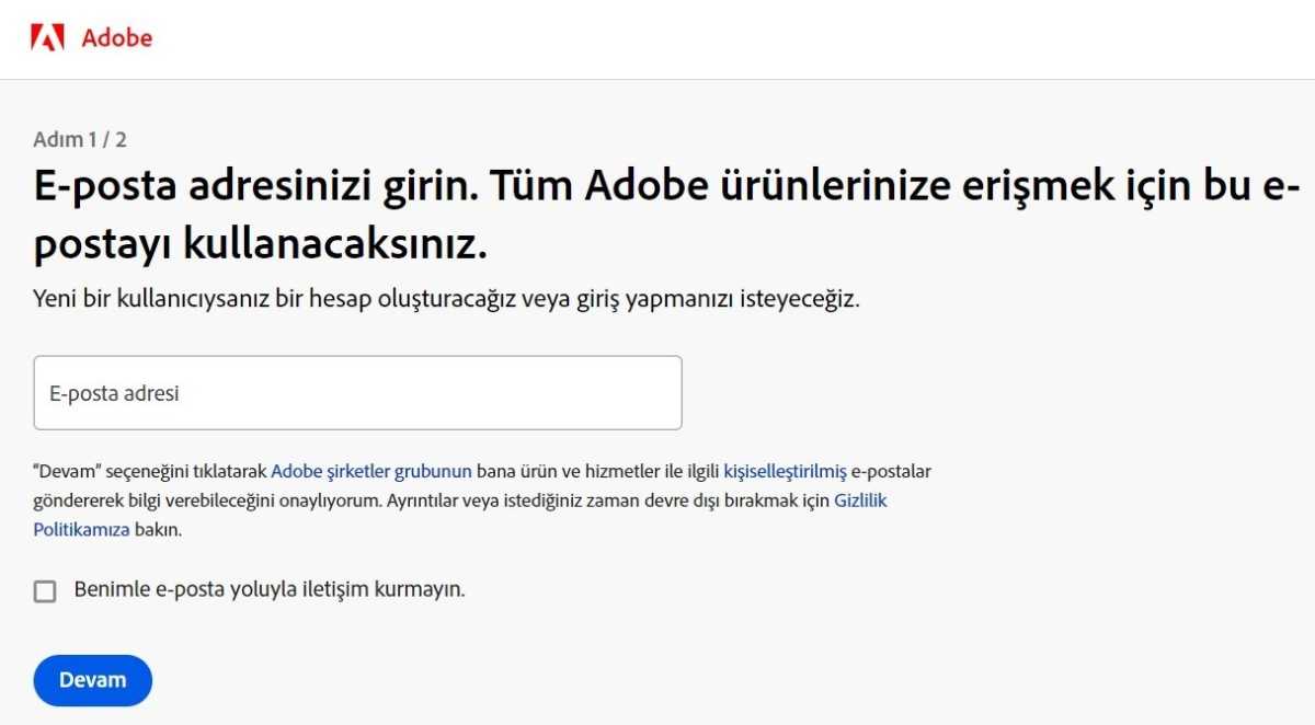 Página de registro en turco de Adobe Creative Cloud