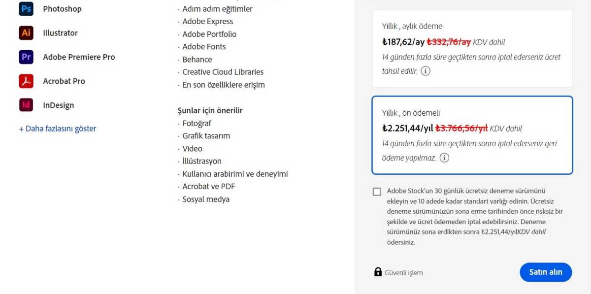Adobe Creative Cloud elige el plan Todas las aplicaciones Turco