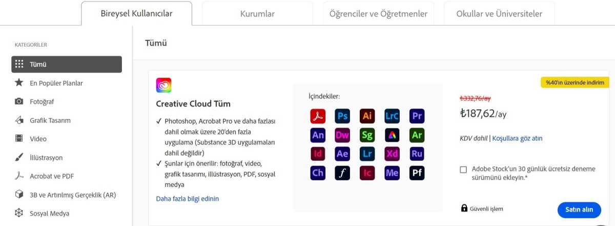Página de planes turcos de Adobe Creative Cloud