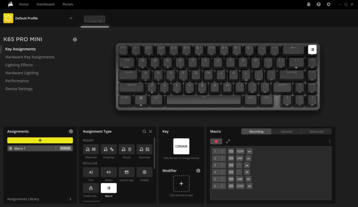 Software Corsair iCue, teclado K65 Pro Mini