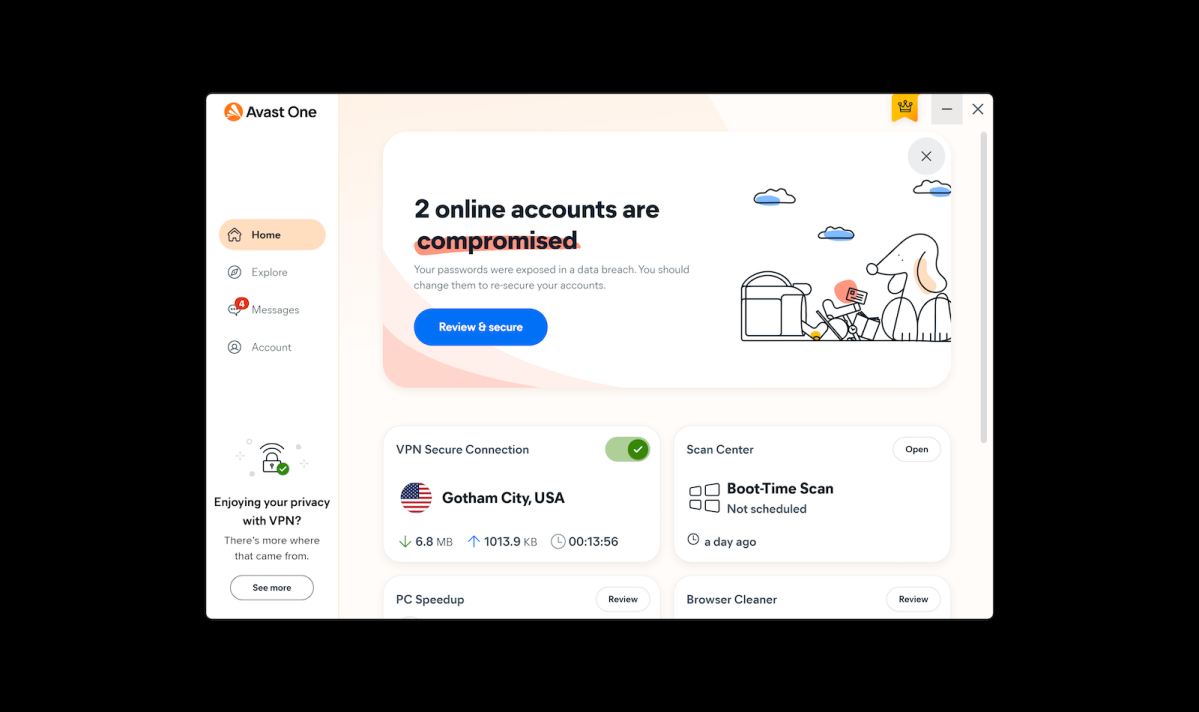 The main dashboard of the Avast One Windows app, detailing a VPN connection, boot-time scan results, and shortcuts to the rest of the app's features