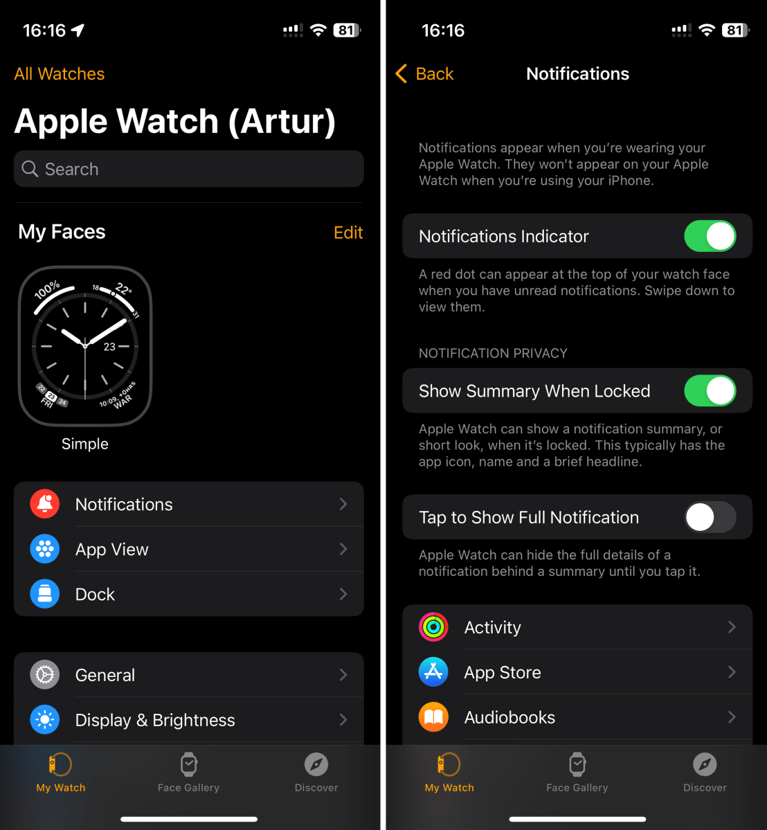 Screenshot of Apple Watch's settings on iOS