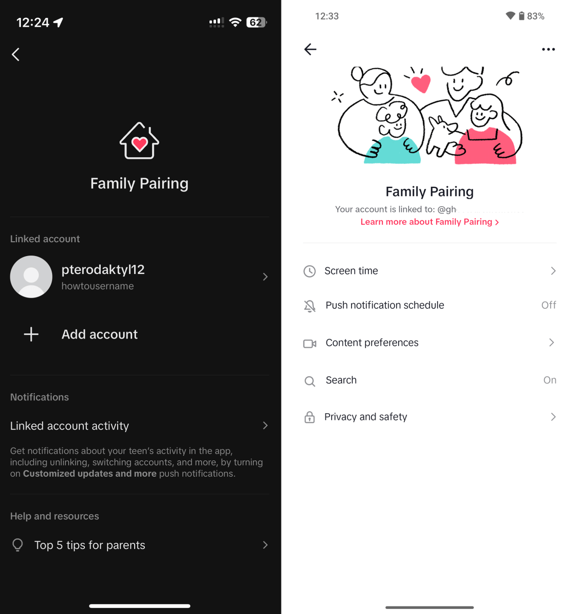 Screenshots of TikTok's Family Pairing process