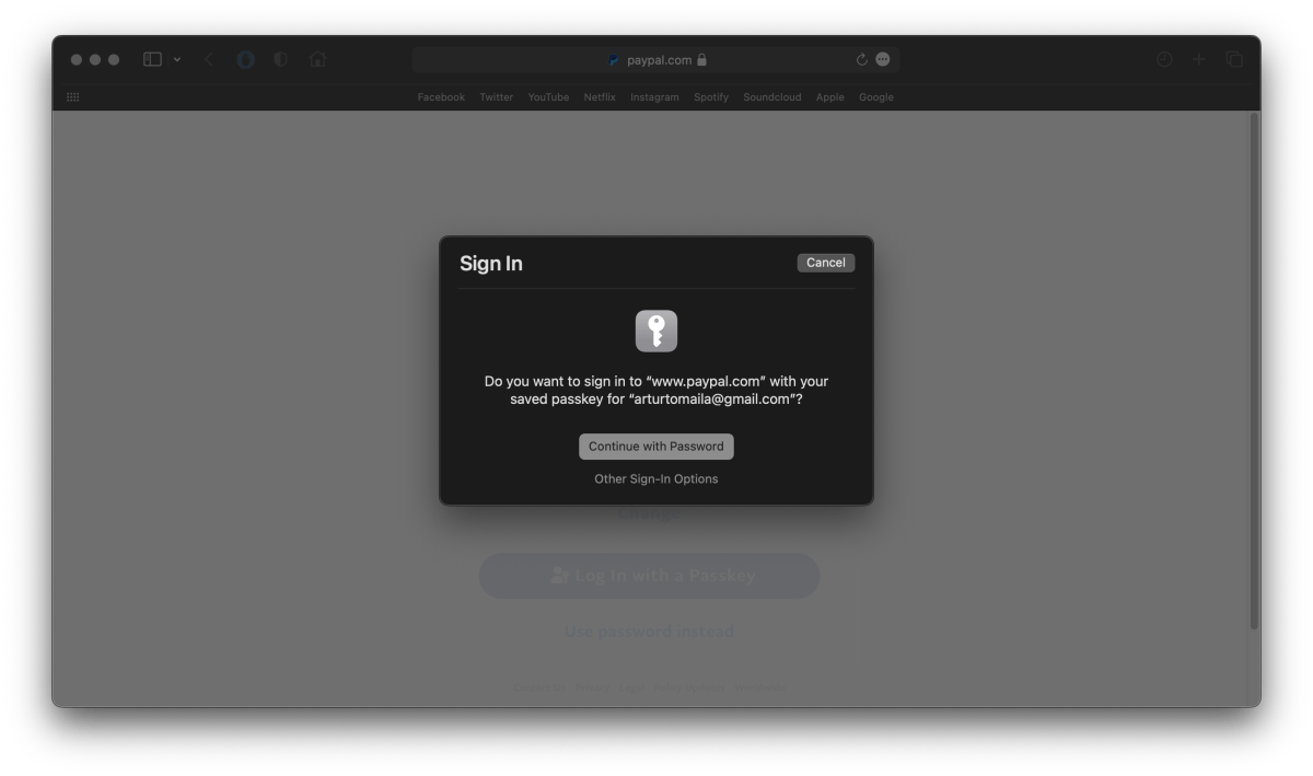 Screenshot of using a passkey on Mac