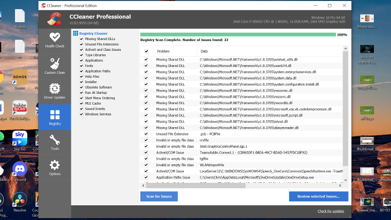 CCleaner Professional registry