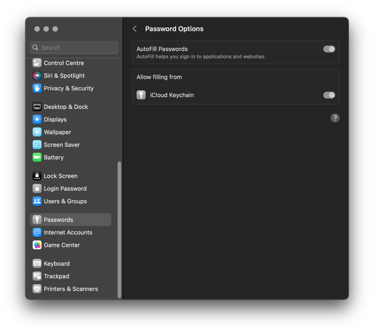 Screenshot of settings on Mac