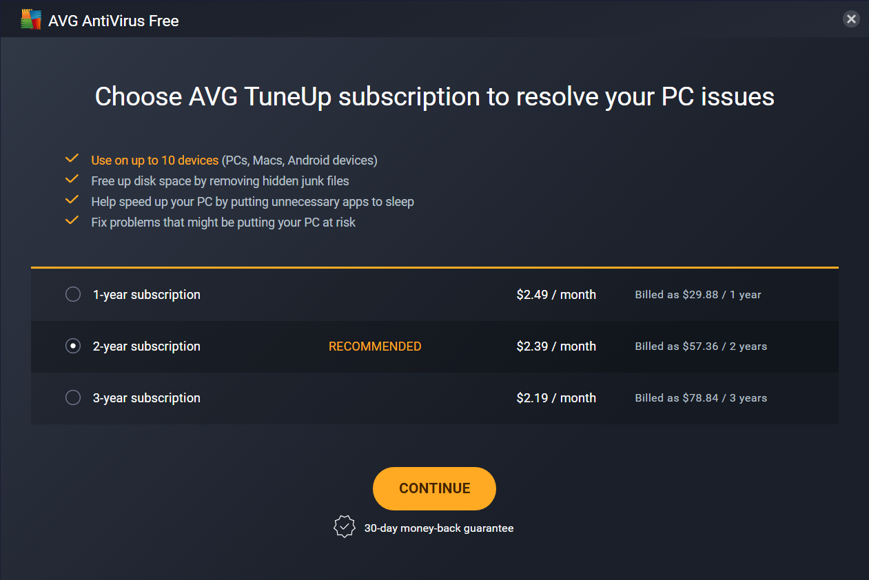 AVG TuneUp subscription screen