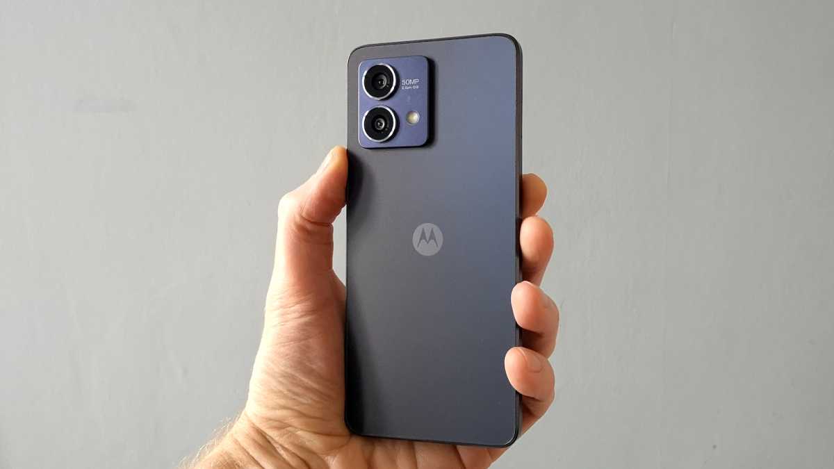 A wide shot of the Motorola Moto G84 5G's rear cover, with the camera module and 'M' logo clearly visible