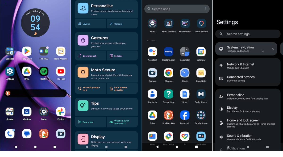 Screengrabs of the Motorola Moto G84 5G's user interface, Android 13 with Motorola's MyUX on top