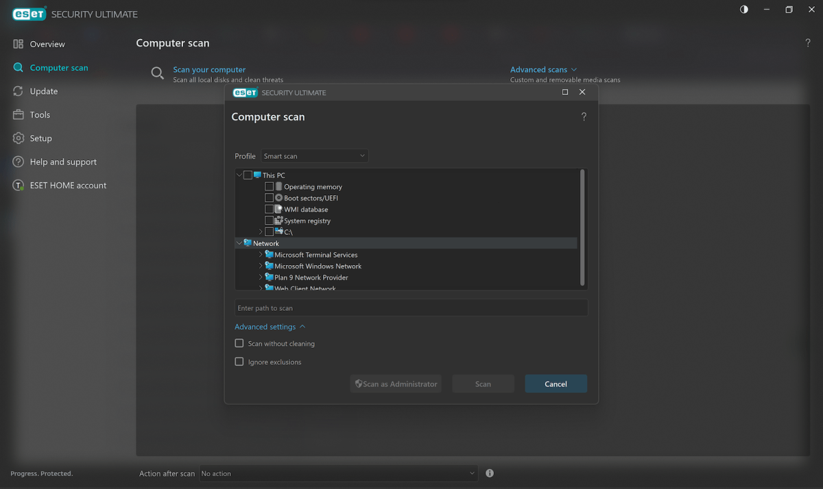 Screengrab of the scan menu of Eset Home Security Ultimate for Windows