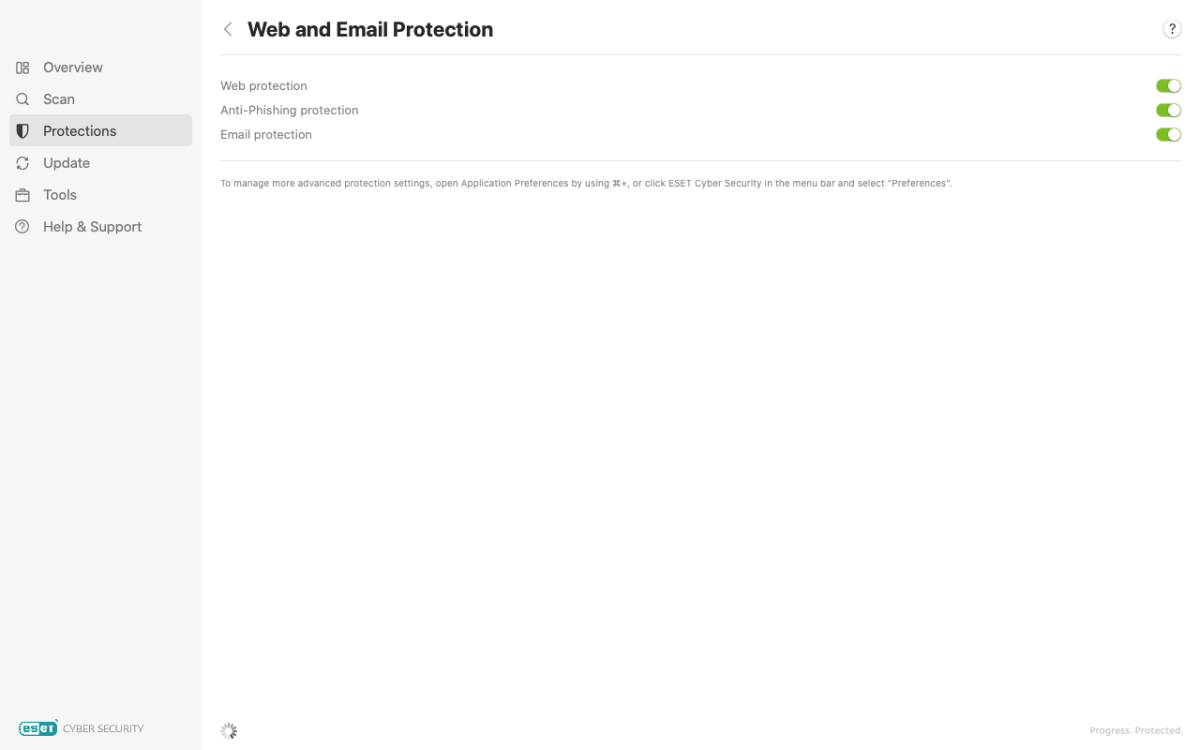 Screengrab of the protection tools menu of Eset Home Security Ultimate for macOS