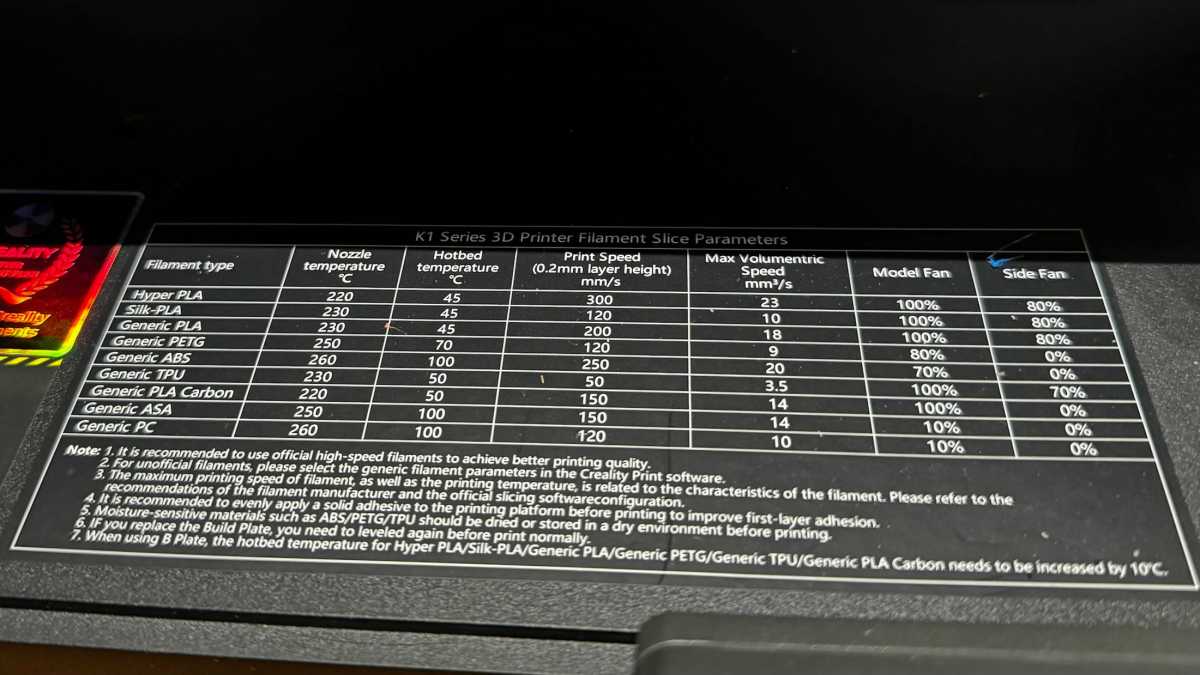 Creality K1C 3D printer speeds + temps