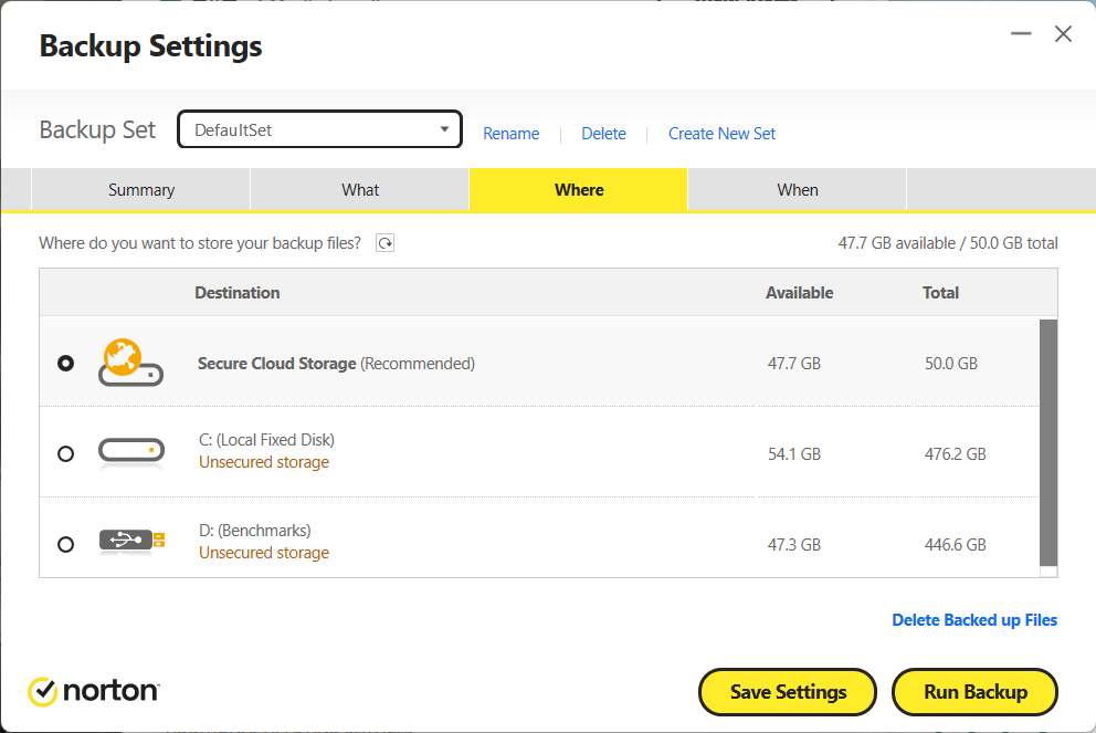 Norton 360 Deluxe Cloud Backup settings