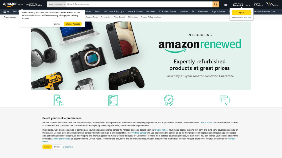 Captura de pantalla del sitio web de Amazon Renewed