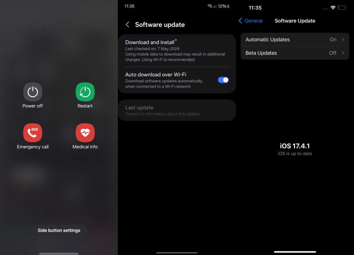 Capturas de pantalla que muestran cómo reiniciar o actualizar su teléfono en Android e iOS