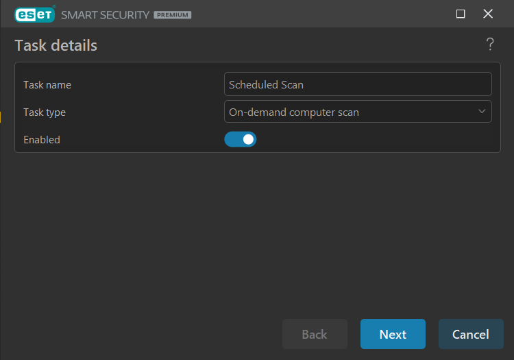 Eset Home Security Premium scheduled scan creation screen (March 2024)