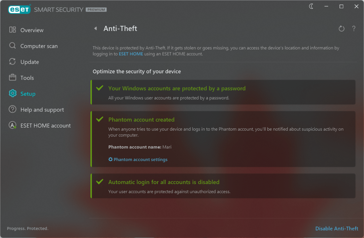 Eset Home Security Premium Anti-Theft info screen in the app (March 2024)
