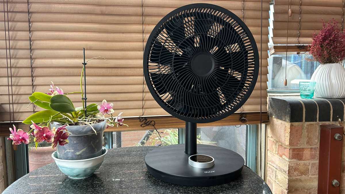 El ventilador en modo sobremesa sobre una mesa, junto a una planta