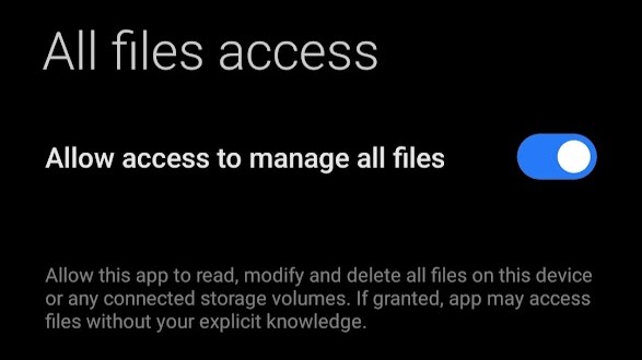 Permitir acceso para administrar todos los archivos alternar Android