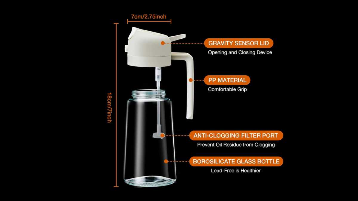 Botella pulverizadora de aceite anotada, que muestra características.