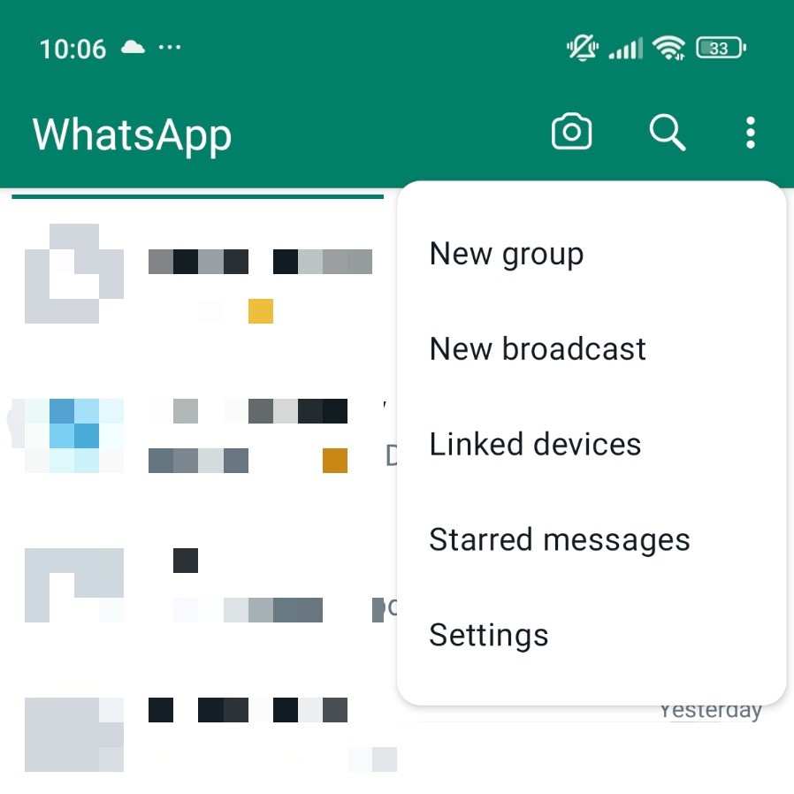 Menú de configuración de WhatsApp