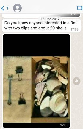 El mensaje de broma de WhatsApp que, según Darren Ellis, mostraba que el abogado Niall Murphy estaba involucrado en la compra de un arma de fuego: muestra una imagen de una llave de 9 mm, dos clips y 20 casquillos, no armas.