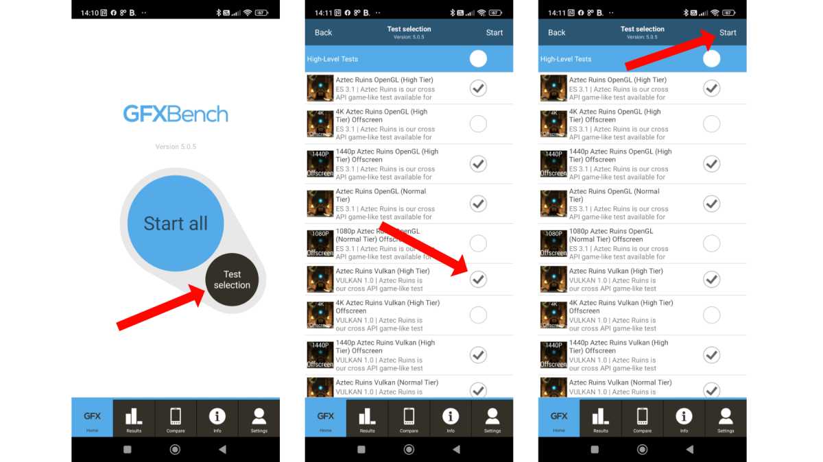 Seleccionar pruebas para GFXBench en Android