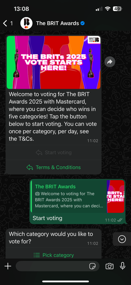 'Comience a votar' - El Brit premia WhatsApp Votando 2025